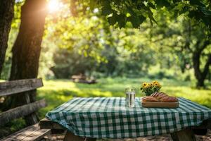 Picnic table set up in a peaceful green park during sunny day photo