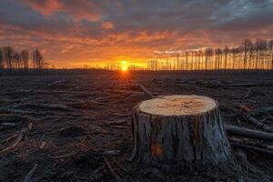 Dramatic sunset over deforested land with tree stump in the foreground photo