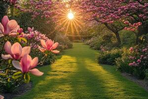 Sunlight streaming through blossoming magnolia trees photo