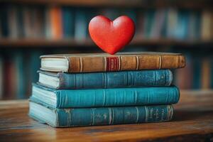 Vintage books stacked with heart symbol on top photo