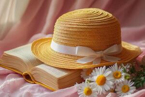 Straw hat resting on open book with daisies. photo