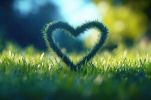 Heart-shaped grass sculpture in sunlit field photo