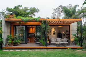 Modern backyard with pergola and lush garden. photo