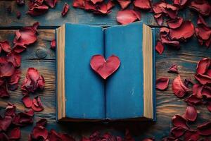 Romantic symbolism with heart-shaped petals and book photo