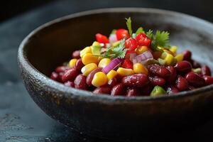 Delicious red kidney bean salad with corn and avocado in rustic bowl photo