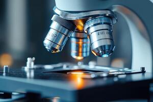 Modern medical microscope is analyzing sample in laboratory. Close-up view photo