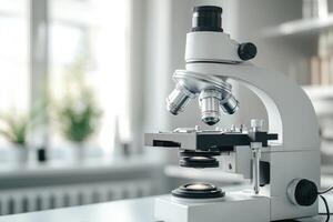 Professional microscope in laboratory setting, ready for scientific research and analysis photo