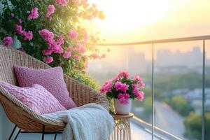 Cozy wicker armchair with pink pillows on balcony during golden hour sunset photo