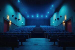Empty cinema auditorium with blue seats and stage is waiting for viewers photo