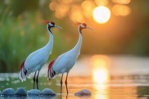 Majestic cranes standing in tranquil wetlands at sunset. photo