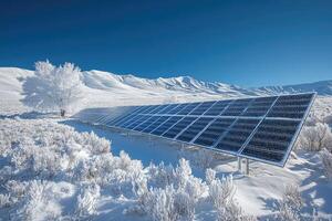 Solar panels generating clean energy in snowy mountains... photo