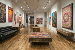 Vibrant art gallery showcasing eclectic modern paintings photo