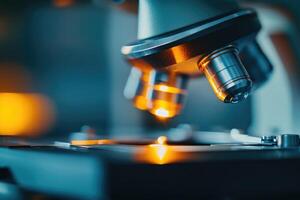 Modern medical microscope is analyzing sample in laboratory. Close-up view. photo
