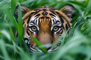 Majestic tiger stealthily hiding in tall grass photo