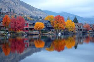 Vibrant autumn foliage reflecting on tranquil lake photo