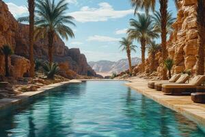 Luxurious desert oasis pool surrounded by palm trees photo