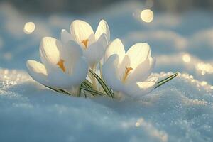 White crocuses blooming in the snow under falling snowflakes photo