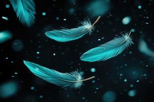 Turquoise feathers floating on a black background with glitter photo
