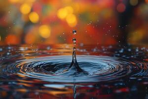 Water droplet splashing creating ripples with colorful background photo