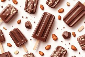 Chocolate ice cream popsicles with almonds and chocolate chunks on white background photo