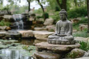 Buddha statue meditating peacefully in tranquil garden setting with waterfall photo