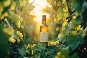 Bottle of white wine resting among illuminated grape leaves at sunset photo