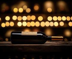 Wine bottle resting on wooden table in cellar with bokeh effect photo