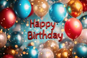 Colorful balloons floating with happy birthday message celebrating a joyful occasion photo