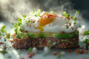 Delicious avocado toast with poached eggs and microgreens. photo