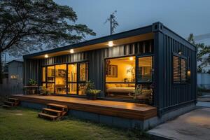 Modern container home with large windows illuminating the interior at dusk photo