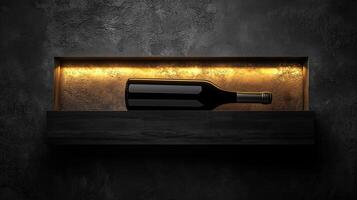 Wine bottle resting on illuminated shelf in concrete wall alcove photo