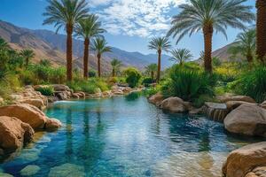 Luxurious desert oasis pool surrounded by palm trees. photo