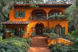 Luxurious orange hacienda style home surrounded by lush greenery photo