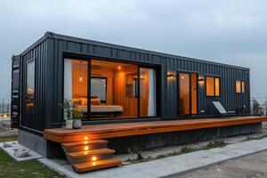 Modern container home with wooden deck and warm lighting at dusk photo