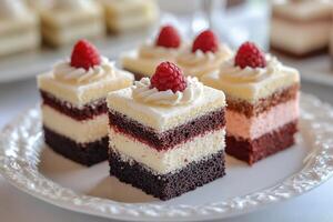Assorted miniature layered cakes with decorative toppings photo