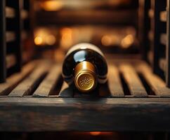 Wine bottle aging in wooden wine rack in cellar photo