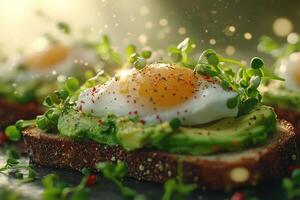 Delicious avocado toast with egg and microgreens. photo