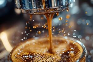 Professional espresso machine pouring coffee into glass cup, creating foam and bubbles photo