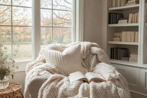 Cozy merino wool chunky knit blanket on beige armchair relaxing by window in living room next to bookshelf photo