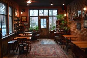 Empty tables and chairs inviting customers in cozy cafe photo