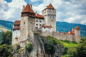 Bran castle, romania, on a cloudy summer day, perched on a cliff, showing its fortified walls photo