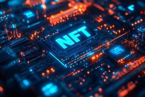 NFT glowing on motherboard is representing crypto art and metaverse photo