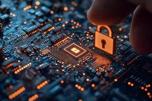 Technician securing computer circuit board with digital padlock, ensuring cybersecurity photo