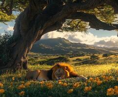 Majestic lion resting under a tree in a serene landscape photo