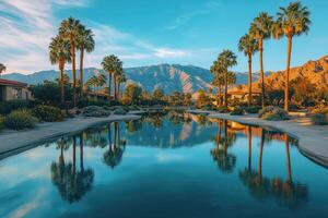 Serene desert oasis with majestic mountain view. photo
