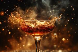 Cocktail splashing in a coupe glass with smoke and bokeh effect photo