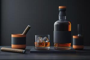 Glass of whisky with ice, bottle and cigars resting on dark wooden table photo