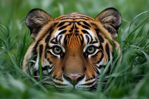 Majestic tiger stealthily hiding in tall grass.. photo