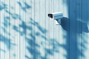 White security camera monitoring on light blue wooden wall photo