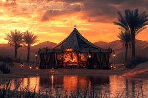 Luxurious desert campsite glowing at sunset with palm trees and oasis photo